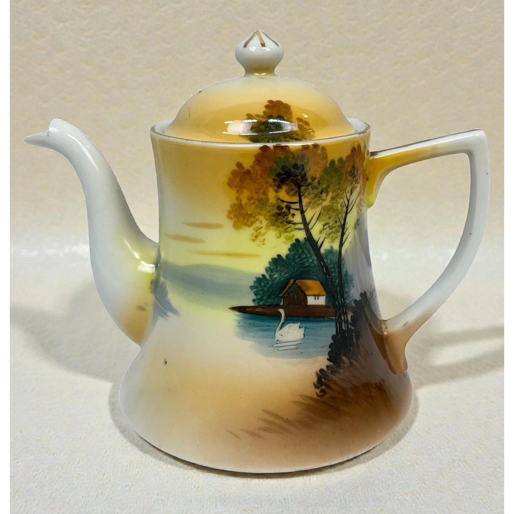 Vintage Takito Japan Porcelain Teapot Lake House Swan Ceramic‎ Hand Painted